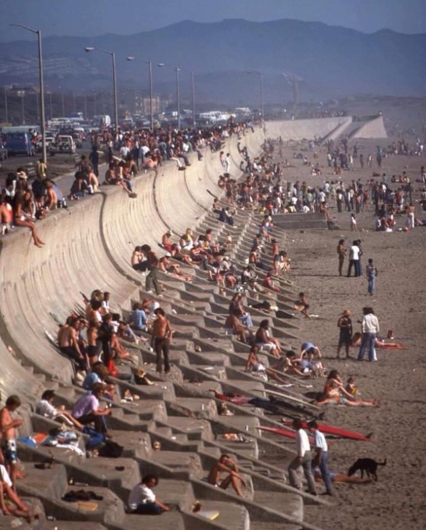 The meme is a photo of a large crowd of people sitting on a long, curved concrete wall at the beach, with many people also lying on the sand below. The wall is lined with many rows of concrete seats, but most people are sitting or lying on the sand below. The text "I'm not arguing, I'm just explaining why I'm right" appears at the top of the image.